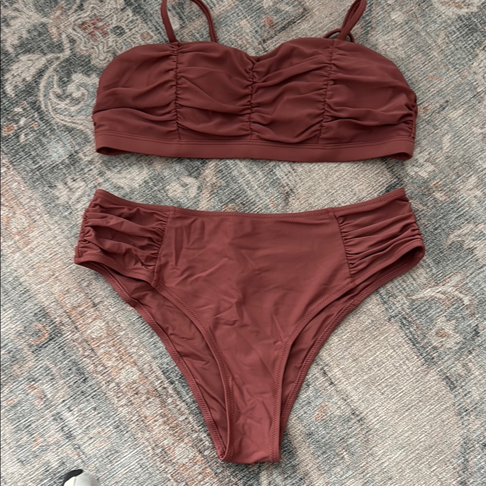 Cupshe Brown Ruched High-Waisted Bikini Set